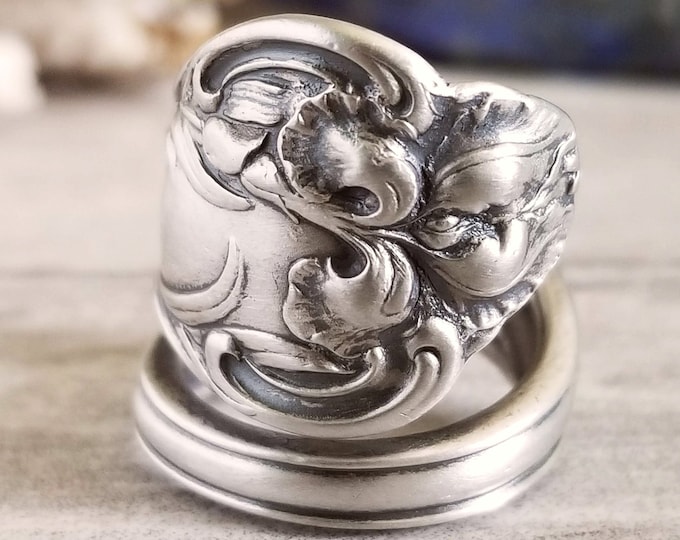 Iris Flower Spoon Ring, Vintage Iris Floral Spoon Ring, Antique Sterling Spoon Ring, Sterling Silver Spoon Ring, Unique Botanical Ring, 216