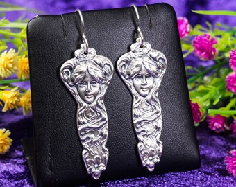 Fairy Woman Earrings, Feminine Art Nouveau Sterling Silver, Goddess Silver Earrings, Pagan Earrings, Vintage Inspired Jewelry 275-E