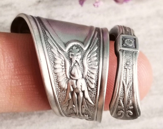 Antique Sterling Spoon Ring, Flower Spoon Ring, Griffith Ring, Bird Spoon Ring, Silver Art Nouveau Jewelry, Floral Art Nouveau Ring, 1124