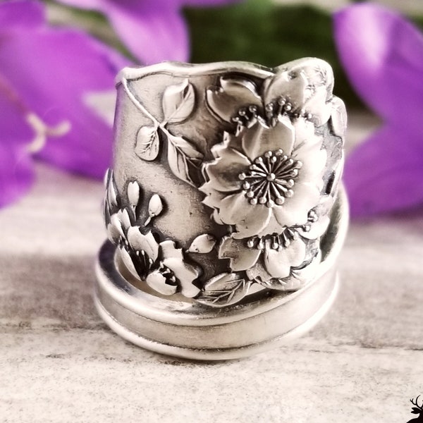 Japanese Cherry Blossom Sterling Spoon Ring,  Sakura Flower Spoon Ring, Vintage Spoon Ring, Vintage Sterling, Cherry Blossom Ring, 1607