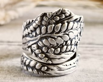 Sterling Wheat Wrap Ring, Botanical Grain Ring, Baking Wheat Ring, Vintage Spoon Ring, Nature-Inspired Farmers Ring, Gardener Ring, 1872