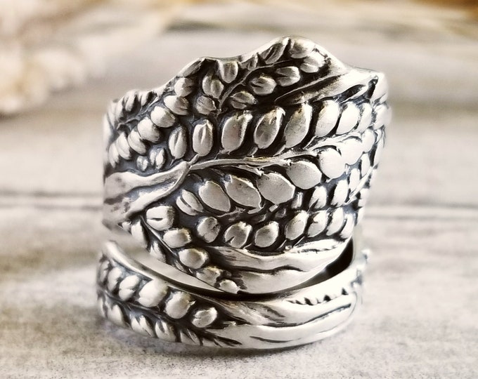 Sterling Wheat Wrap Ring, Botanical Grain Ring, Baking Wheat Ring, Vintage Spoon Ring, Nature-Inspired Farmers Ring, Gardener Ring, 1872