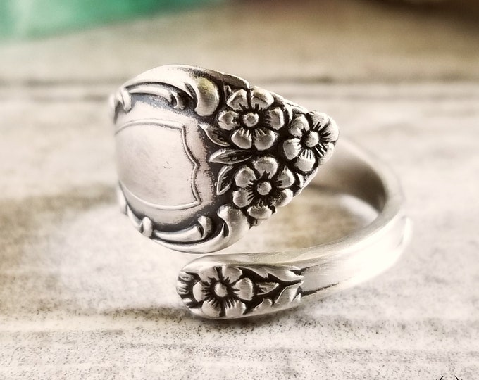 Wild Rose Sterling Silver Ring, Adjustable Silver Rosa Canina Flower Ring, Handmade Sterling Floral Ring, Antique Floral Spoon Ring, 1672B