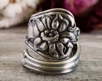 Daffodil Bloom Sterling Ring, Floral Unger Bloom Ring, Silver Spring Ring,  Silver Spoon Ring, Floral Ring, Gift, Antique Flower Ring, 1657