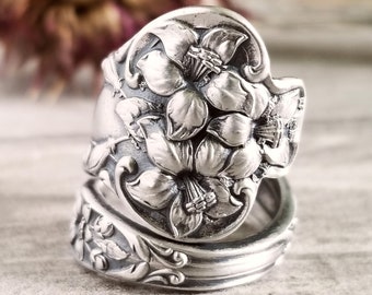 Art Nouveau Lily Ring, Silver Lily Spoon Ring, Antique Floral Sterling Silver Spoon Ring, Vintage Flower Spoon Ring, Boho Floral Ring, 103