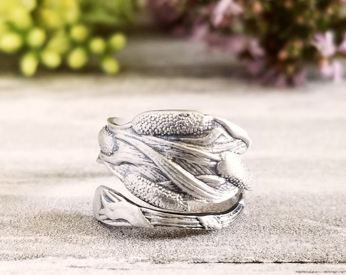 Dainty Sterling Cattail Ring, Cat Tail Wrap Ring, Vintage Pond Spiral Ring, Vintage Leaf Jewelry, Art Nouveau Silver Nature Ring, 1122B