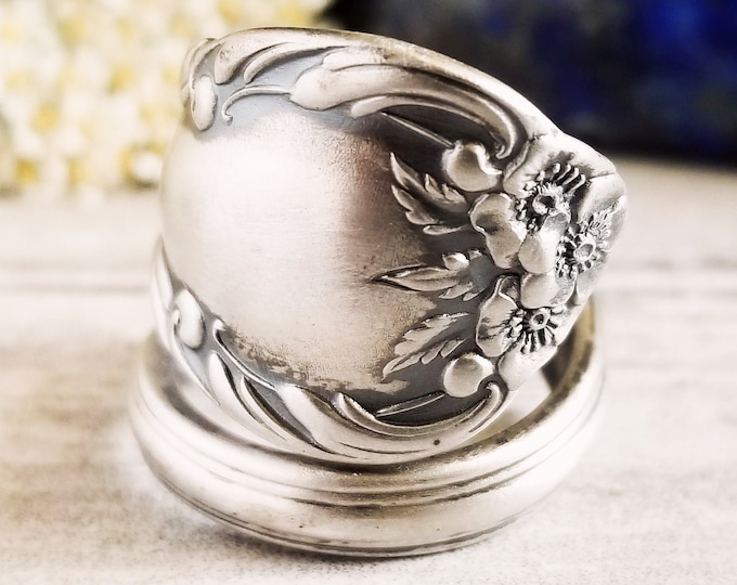 Wild Rose Sterling Silver Spoon Ring, Vintage Silver Rose Flower Ring, Flower Sterling Spoon Ring, Antique Floral Spoon Ring, 1146