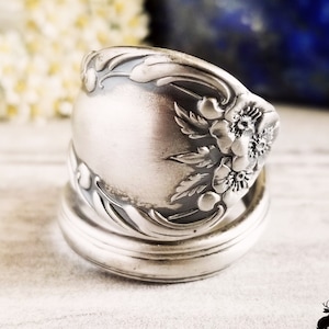 Wild Rose Sterling Silver Spoon Ring, Vintage Silver Rose Flower Ring, Flower Sterling Spoon Ring, Antique Floral Spoon Ring, 1146
