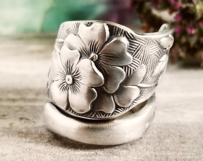 Rare Shiebler Geranium Ring, Sterling Pelargonium Bloom Ring, Art Nouveau Wrap Ring, Sterling Silver Shiebler Silversmiths Spoon Ring, 1889