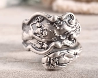 Anillo de la Diosa Irian de Wallace, Anillo de la Diosa Danzante, Anillo antiguo de plata de ley, Anillo de Divinidad Femenina, Anillo de Cuchara Art Nouveau, 347B