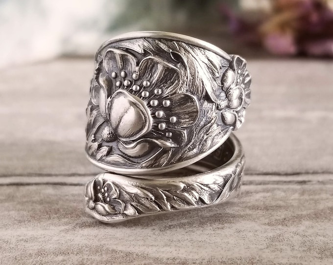 Unique Floral Poppy Sterling Ring, Vintage Wildflower Spoon Ring, Vintage Flower Ring, Art Nouveau Sterling Silver Flower Spoon Ring, 317