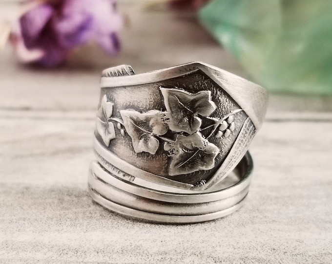 Ivy Vine Leaf Sterling Spoon Ring, Botanical Spoon Ring, Vintage Spoon Ring, Vintage Spoon Jewelry, Nature Inspired Leaf Spoon Ring, 1847