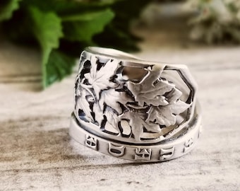 Sterling Maple Leaf Ring, Canadian Botanical Ring, Vintage Fall Ring, Vintage Spoon Jewelry, Nature Inspired Spoon Ring, Leaf Ring, 2114