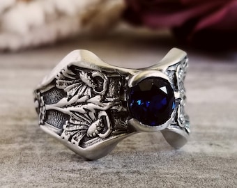 Unique Daisy & Sapphire Ring, Sterling Silver Sapphire Daisy Ring, Floral Ring with Sapphire, Handmade Sapphire Ring, Handmade Gift, 148R