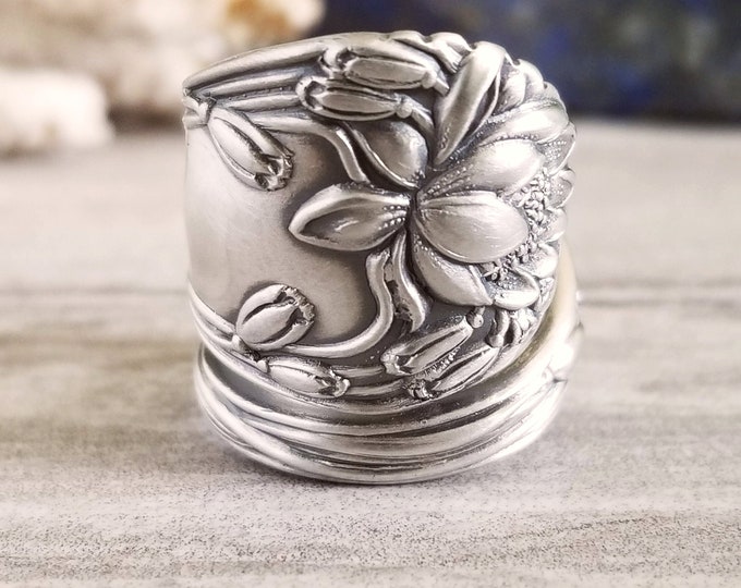 Sterling Sacred Lotus Ring, Waterlily Bloom Ring, Vintage Floral Ring, Vintage Flower Spoon Ring, Antique Sterling Silver Flower Ring, 114