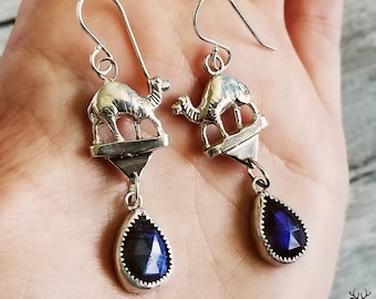 Labradorite Camel Earrings, Sterling Silver Dangle Earrings with Natural Labradorite, Elegant Sterling Silver Earrings, Labradorite Jewelry