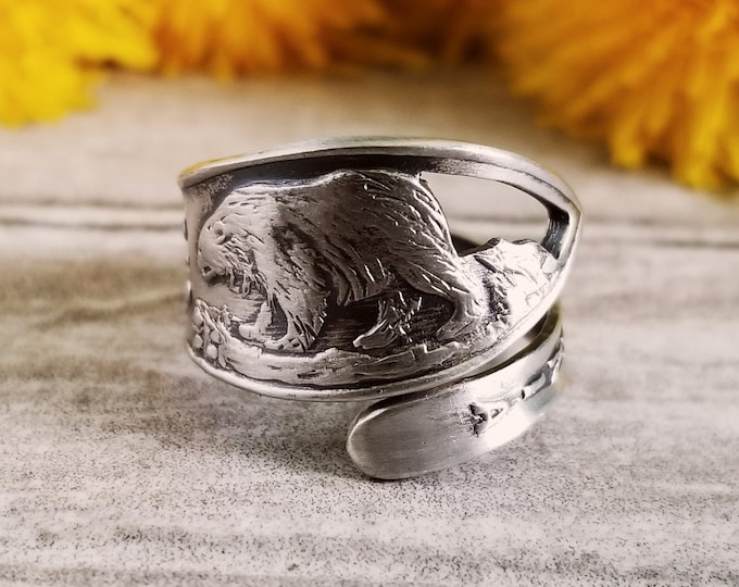 Silver Bear Ring, Sterling Silver California Ring, Silver Bear Ring Gift, Grizzly Bear Silver Ring, Silver Teddy Bear Spoon Ring, Gift, 861B