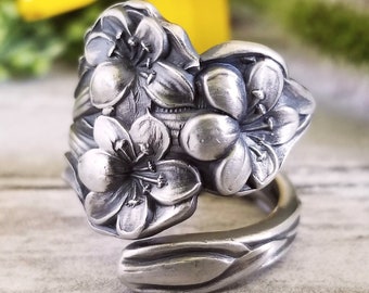 Silver Lily Bloom Ring, Art Nouveau Lily Ring, Antique Floral Sterling Silver Spoon Ring, Vintage Flower Spoon Ring, Boho Floral Ring, 464