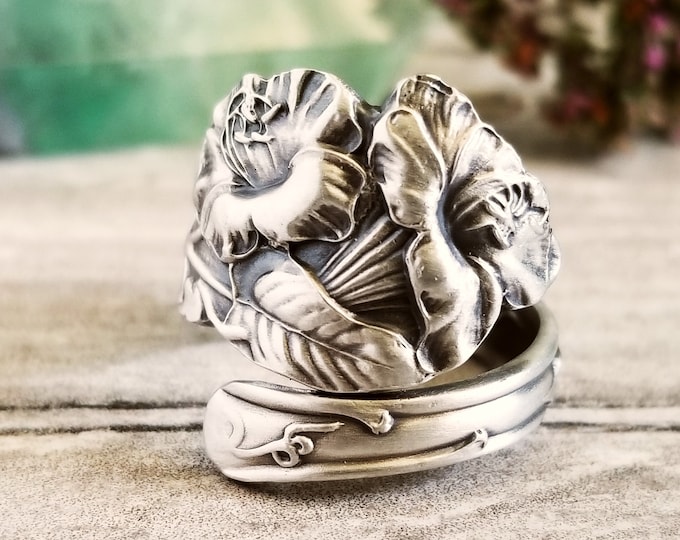 Tropical Flower Sterling Wrap Ring, Spiral Ipomoea Ring, Unique Floral Ring, Vintage Elegant Jewelry, Sterling Silver Flower Ring, 742