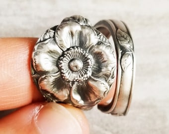 Wild Rose Blossom Ring, Sterling Floral Wrap Ring, Antique Sterling Silver Rosa Ring, Spiral Bloom Ring, Vintage Watson Spoon Ring, 1014