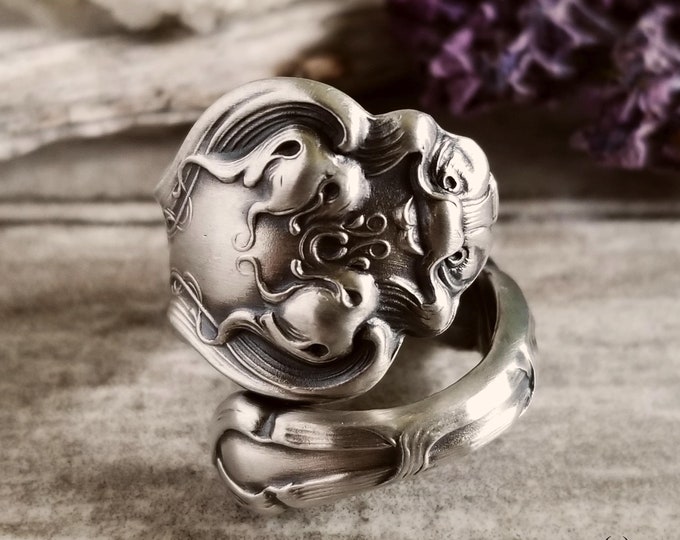 Vintage Green Man Ring, Rare Unger Douvaine Sterling Ring, Handmade Forest Spirit Ring, Vintage Sterling Silver Kodama Jewelry, 194C