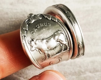Taurus Zodiac Silver Bull Ring, Sterling Silver Ring, Zodiac Ring, Taurus Silver Spoon Ring, Silver Astrology Ring, Tarot Jewelry Gift, 769