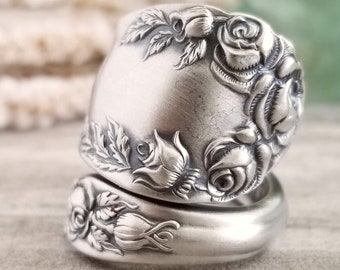 Elegant Roses Ring, Sterling Rosa Ring,  Floral Silver Bloom Ring, Vintage Sterling Flower Spiral Ring, Flower Spoon Ring, Rose Ring, 741C
