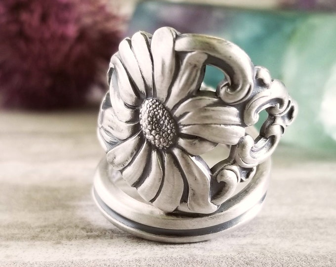 Silver Daisy Ring, Sterling Wildflower Ring, Floral Spoon Ring, Vintage Spoon Ring, Vintage Jewelry Gift, Sterling Silver Spoon Ring, 102