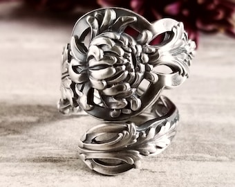 Art Nouveau Chrysanthemum Silver Ring, Antique Mum Flower Ring, Kiku Flower Ring, Handmade Floral Jewelry, Adjustable Sterling Ring, 1190