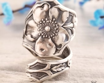 Wild Rose Spoon Ring, Sterling Floral Spoon Ring, Antique Rose Sterling Silver Spoon Ring, Vintage Flower Ring, Vintage Spoon Jewelry, 481