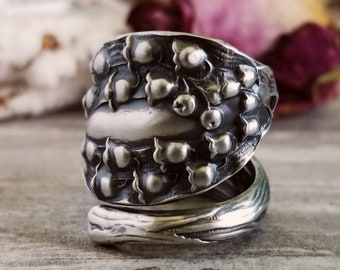 Sterling Silver Lily of the Valley Ring, Silver Spoon Ring, Vintage Floral Ring, Lily Ring, Antique Silver Ring, Flower Ring Gift, 1364