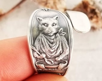 Sterling Cat Ring, Breakfast Cat Ring, Sterling Silver Kitty Ring, Kitten Ring, Vintage Cat Jewelry, Sterling Feline Spoon Ring, 775