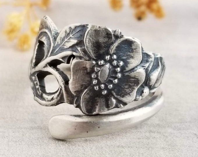 Wild Rose Sterling Ring, Antique Wildflower Ring, Vintage Floral Silver Ring, Vintage Rose Jewelry, Unique Sterling Silver Ring, 750