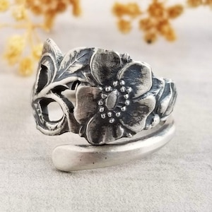 Wild Rose Sterling Ring, Antique Wildflower Ring, Vintage Floral Silver Ring, Vintage Rose Jewelry, Unique Sterling Silver Ring, 750