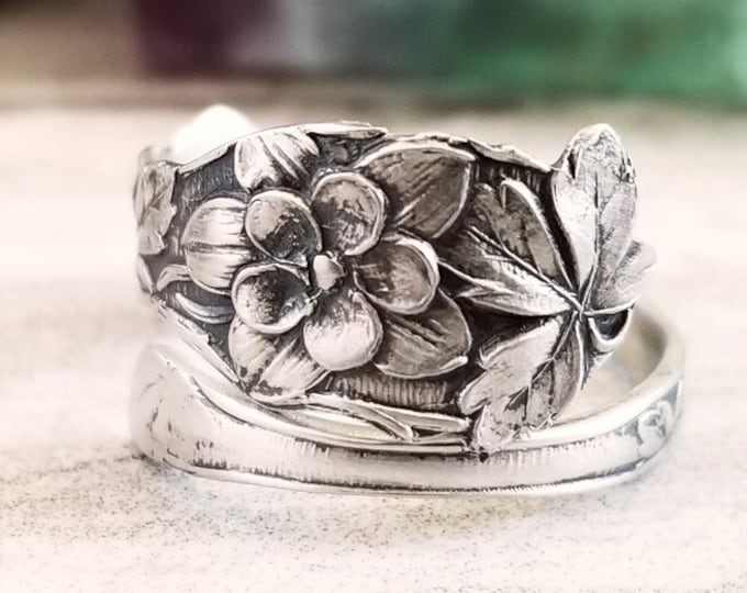 Columbine Flower Spoon Ring, Art Noveau Silver Spoon Ring, Flower Spoon Ring, Vintage Floral Spoon Jewelry, Sterling Silver Spoon Ring, 1537