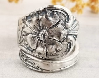 Wild Rose Sterling Spoon Ring, Floral Spoon Ring, Vintage Flower Ring, Vintage Spoon Jewelry, Antique Rose Sterling Silver Spoon Ring, 369