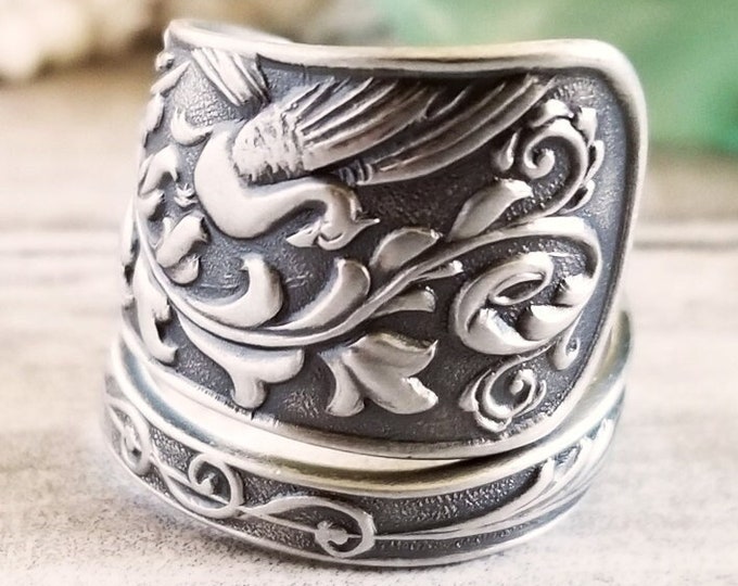 Unique Peacock Ring, Sterling Bird Ring, Sterling Love Birds Ring, Silver Peacock Jewelry, Antique Bird Spoon Ring, Vintage Bird Ring, 1738
