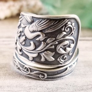 Unique Peacock Ring, Sterling Bird Ring, Sterling Love Birds Ring, Silver Peacock Jewelry, Antique Bird Spoon Ring, Vintage Bird Ring, 1738