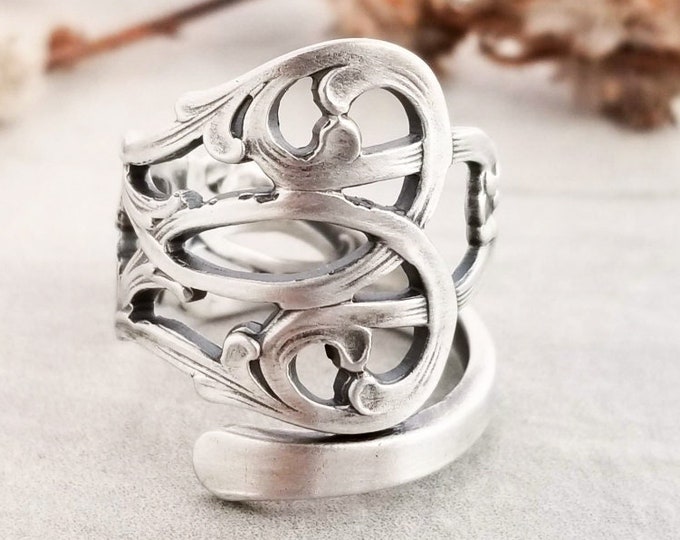 Victorian Lace Sterling Wrap Ring, Unique Spiral Ring, Vintage Elegant Ring, Vintage Sterling Jewelry, Antique Rococo Spoon Ring, 694