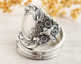 Wild Rose Sterling zilveren lepel ring, vintage zilveren roos bloem ring, bloem Sterling lepel ring, antieke bloemen lepel ring, 821B