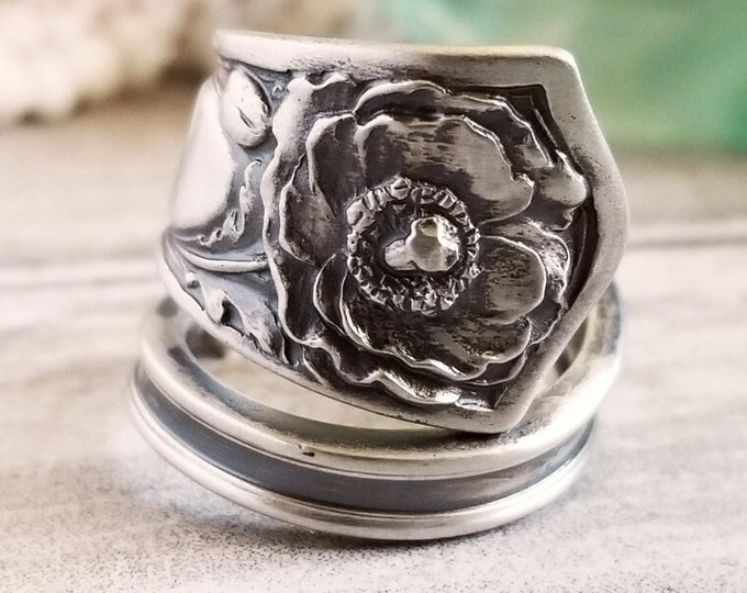 Floral Art Nouveau Poppy Sterling Ring, Vintage Poppies Spoon Ring, Vintage Flower Ring, Sterling Silver Flower Spoon Ring, Gift, 186