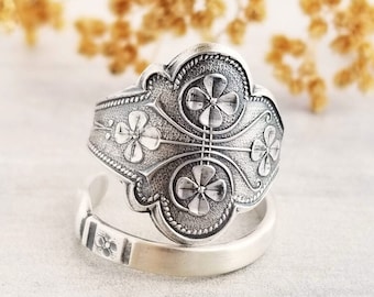 4 Leaf Clover Wrap Ring, Sterling Celtic Shamrock Ring, Spiral Good Luck Ring, Vintage Spoon Ring, Celtic Clover Ring, Irish Clover Ring 944