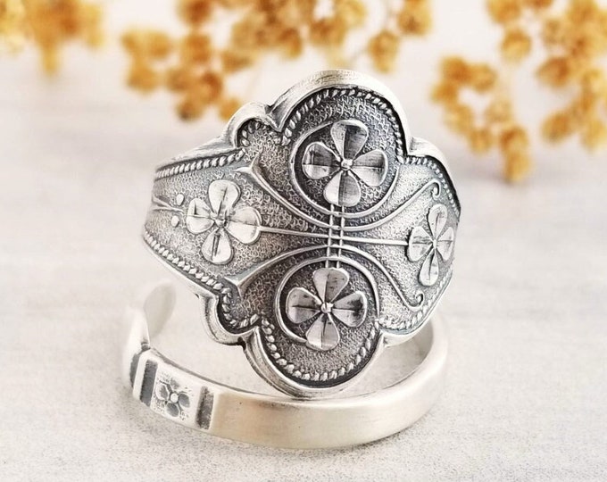 4 Leaf Clover Wrap Ring, Sterling Celtic Shamrock Ring, Spiral Good Luck Ring, Vintage Spoon Ring, Celtic Clover Ring, Irish Clover Ring 944