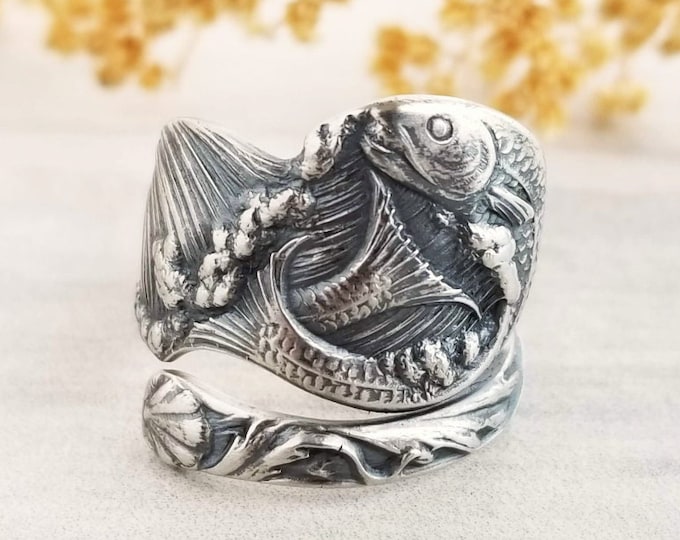 Sterling Fish Ring, Angler Ring, Sterling Pisces Ring, Fish Wrap Ring, Vintage Spoon Ring, Vintage Jewelry, Sterling Silver Spoon Ring, 293