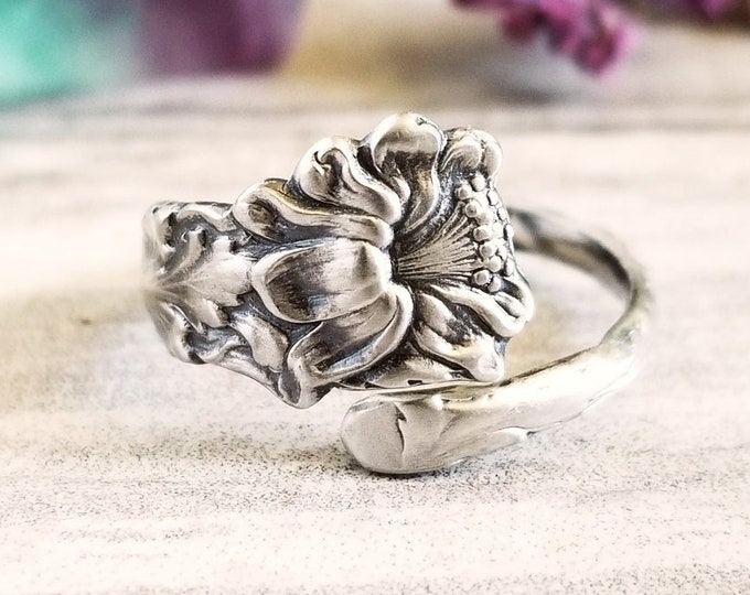 Silver Hibiscus Flower Ring, Hibiscus Ring, Honolulu Hawaii Ring, Vintage Tropical Jewelry, Sterling Silver Spoon Ring, Boho Ring, 1626B
