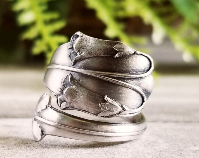 Petite Handmade Sterling Bluebell Ring, Bluebell Flower Sterling Silver Ring, Vintage Celtic Flower Ring, Antique Flower Spoon Ring, 1684