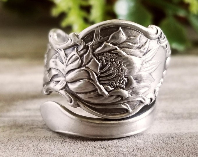Passion Flower Sterling Ring, Handmae Art Nouveau Spoon Ring, Floral Spoon Ring, Vintage Spoon Jewelry, Floral Sterling Spoon Ring, 1402