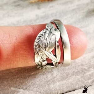 Sterling Silver Crane and Turtle Ring, Crane Ring, Animal Jewelry, Vintage Spoon Ring, Vintage Bird Ring, Unique Silver Spoon Ring, 1654