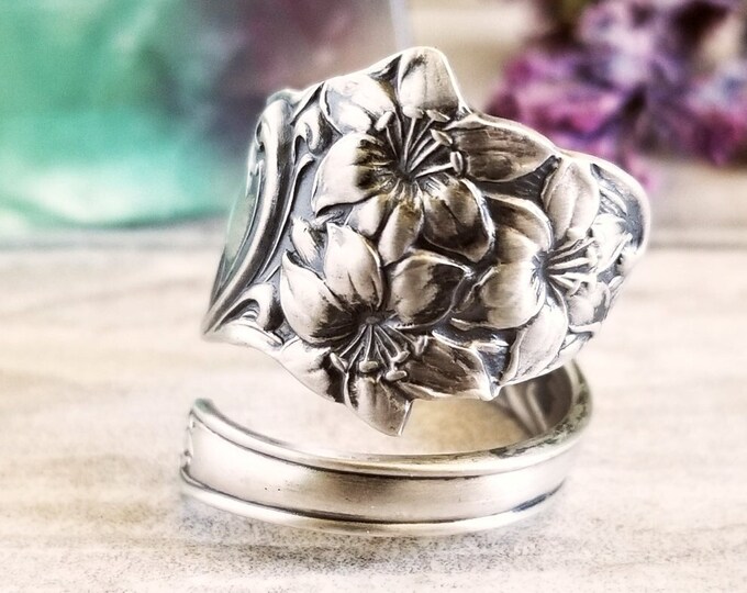 Silver Lily Ring, Art Nouveau Lily Spoon Ring, Antique Floral Sterling Silver Spoon Ring, Vintage Flower Spoon Ring, Boho Floral Ring, 545