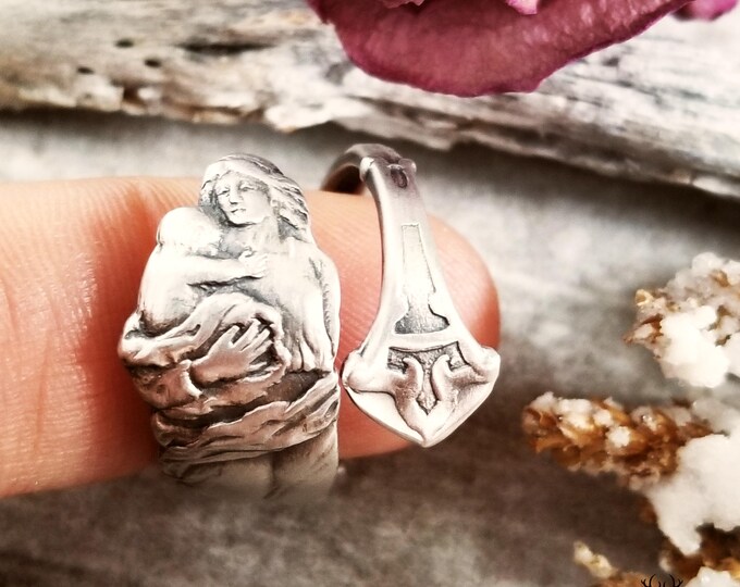 Handmade Mother and Child Sterling Wrap Ring, Vintage Goddess Spoon Ring, Guardian Angel Ring, Sterling Silver Mother & Infant Ring, 1894
